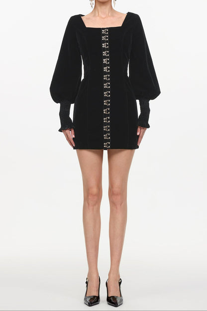 tina Cinched Waist Square Neck Long Sleeve Velvet Mini Dress in black