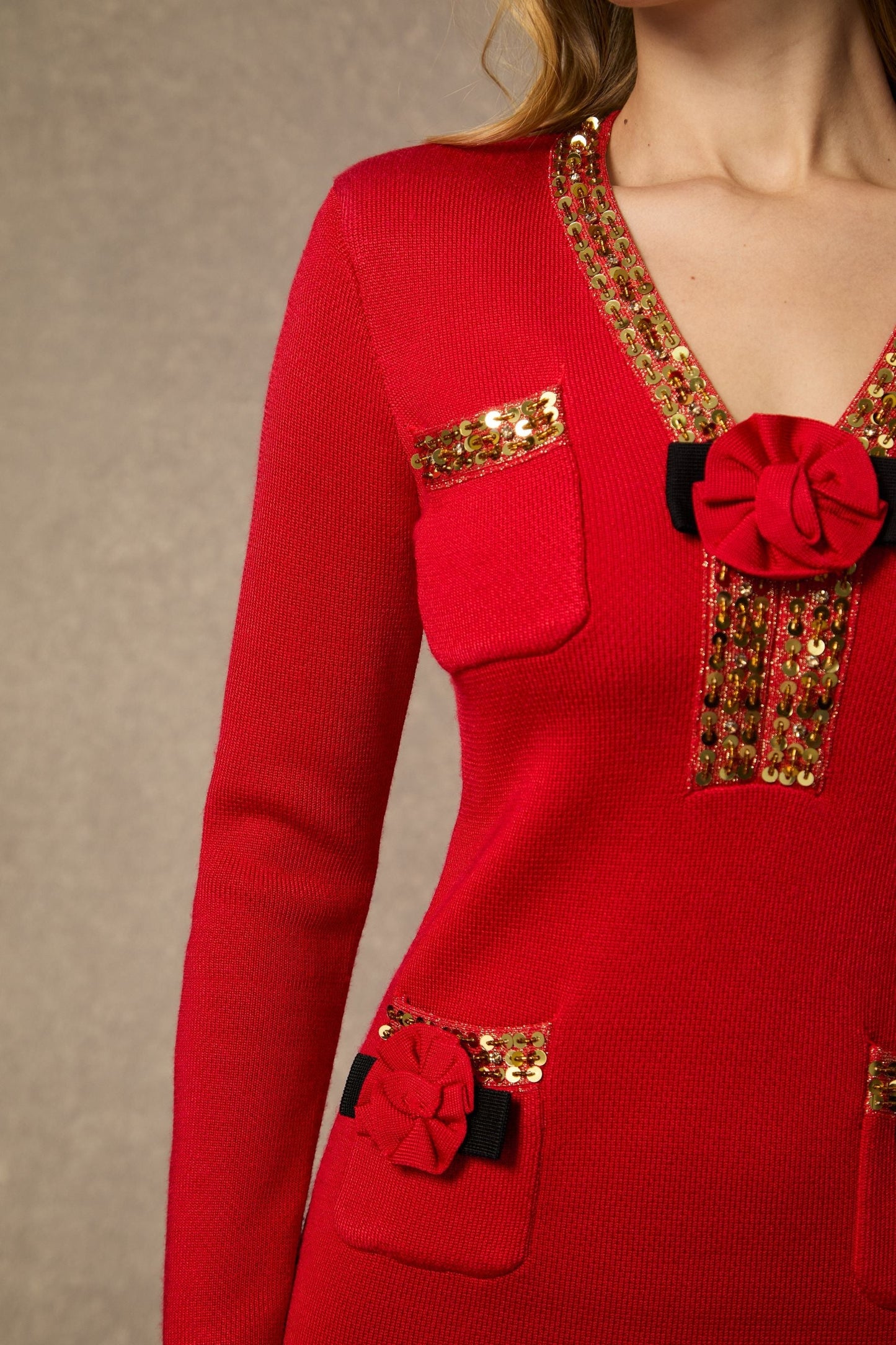 ella v-neck Red Sequin Trim Knit Mini Dress