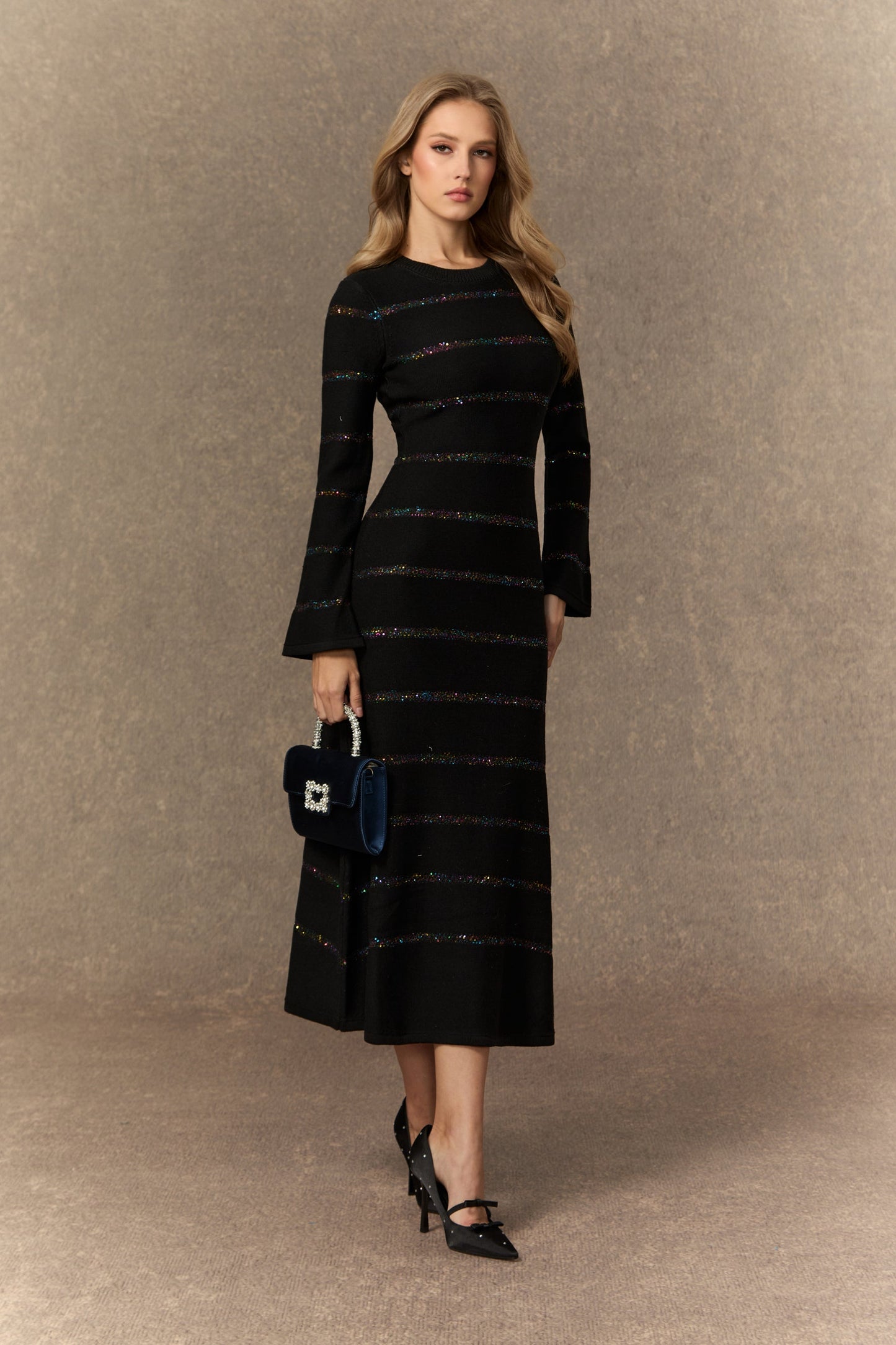 gloria Black Sequin Embellished Knit Midi Dress
