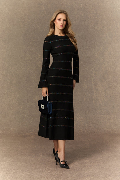 gloria Black Sequin Embellished Knit Midi Dress