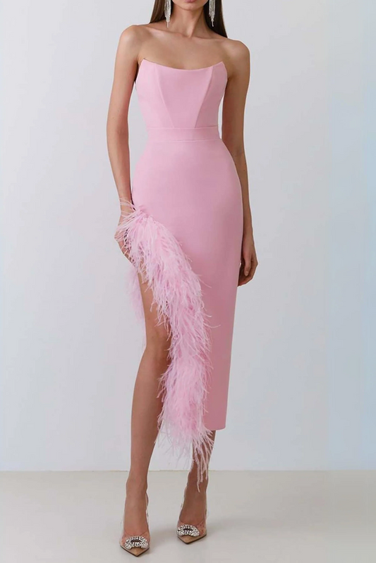 フェザートリム スプリットミディドレス（バブルガム）