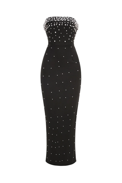 pearl-embellished strapless gown in black