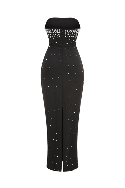 pearl-embellished strapless gown in black