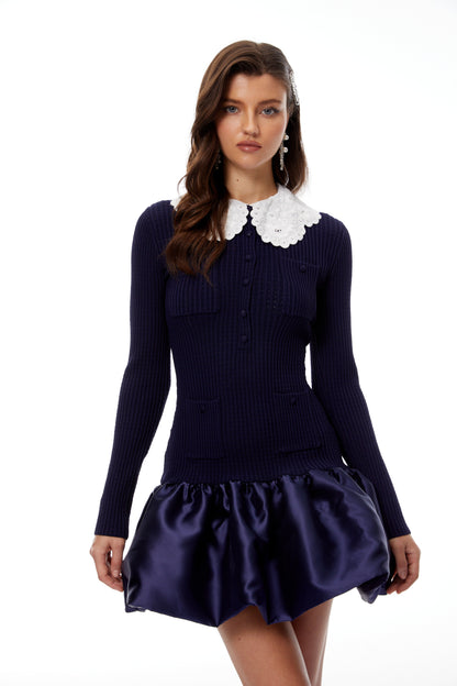 lorraine Navy Blue Satin Panel Knit Mini Dress