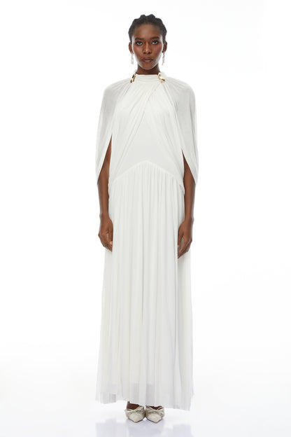 leona white Draped Cape Sleeve Knit Maxi Dress