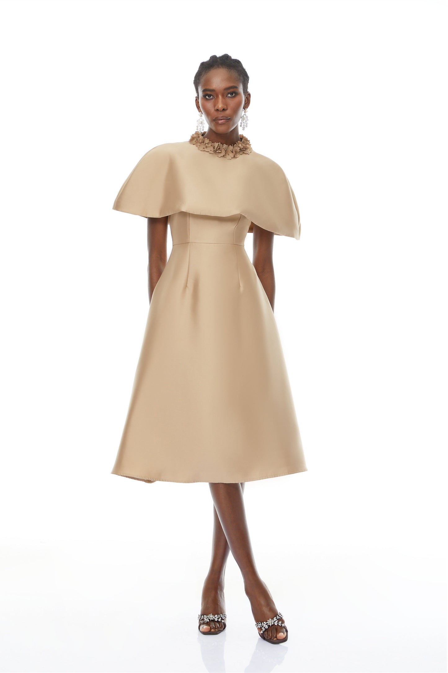 michelle Khaki Cape Satin Midi Dress
