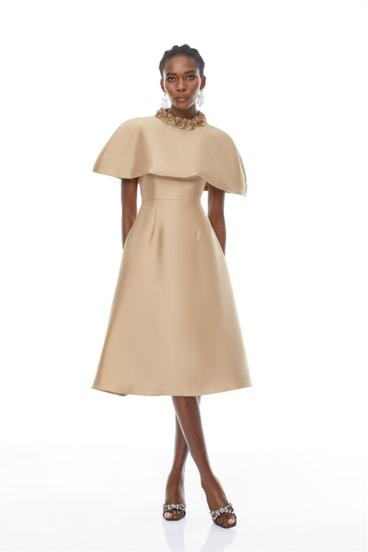 michelle Khaki Cape Satin Midi Dress