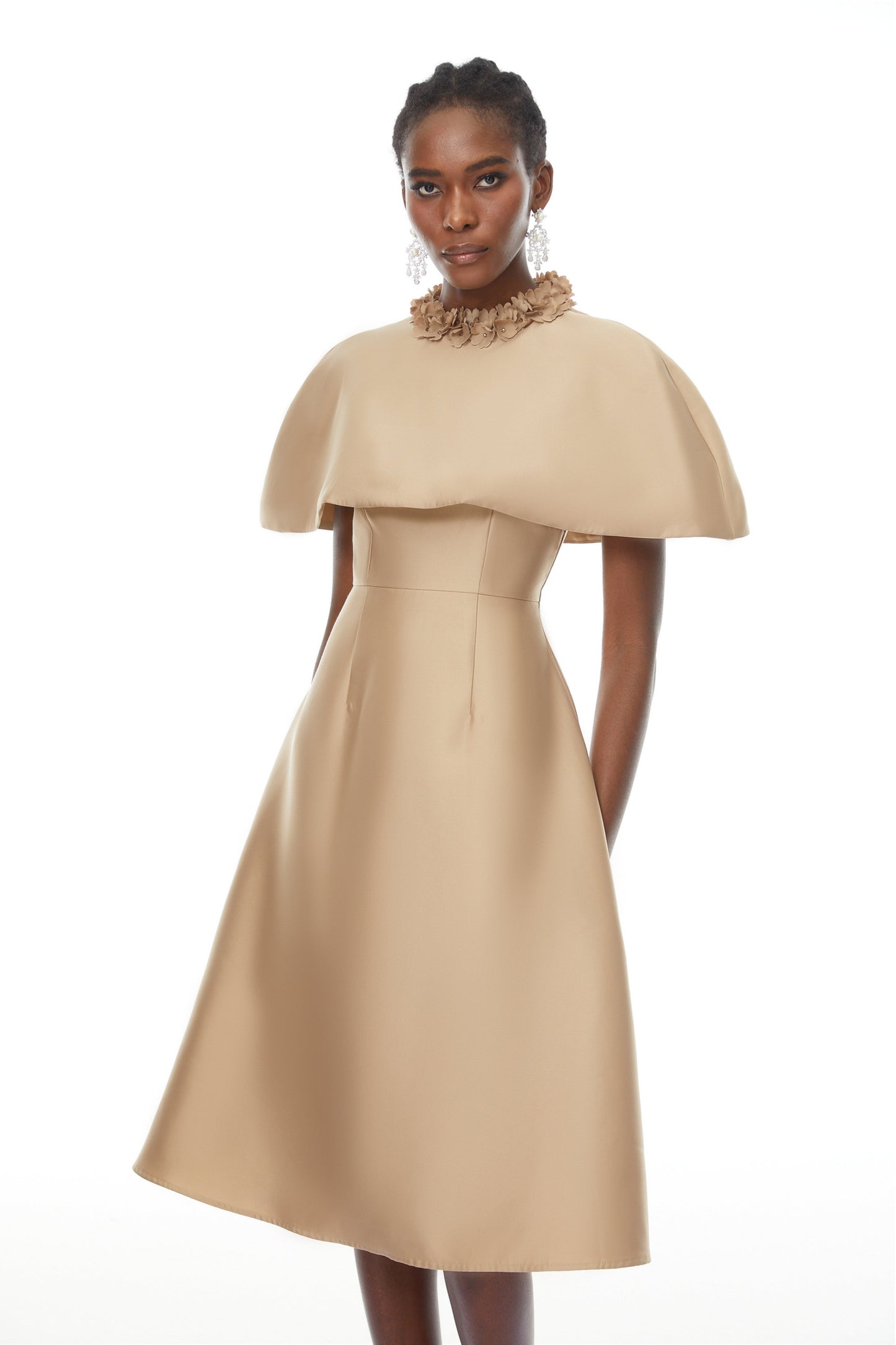 michelle Khaki Cape Satin Midi Dress