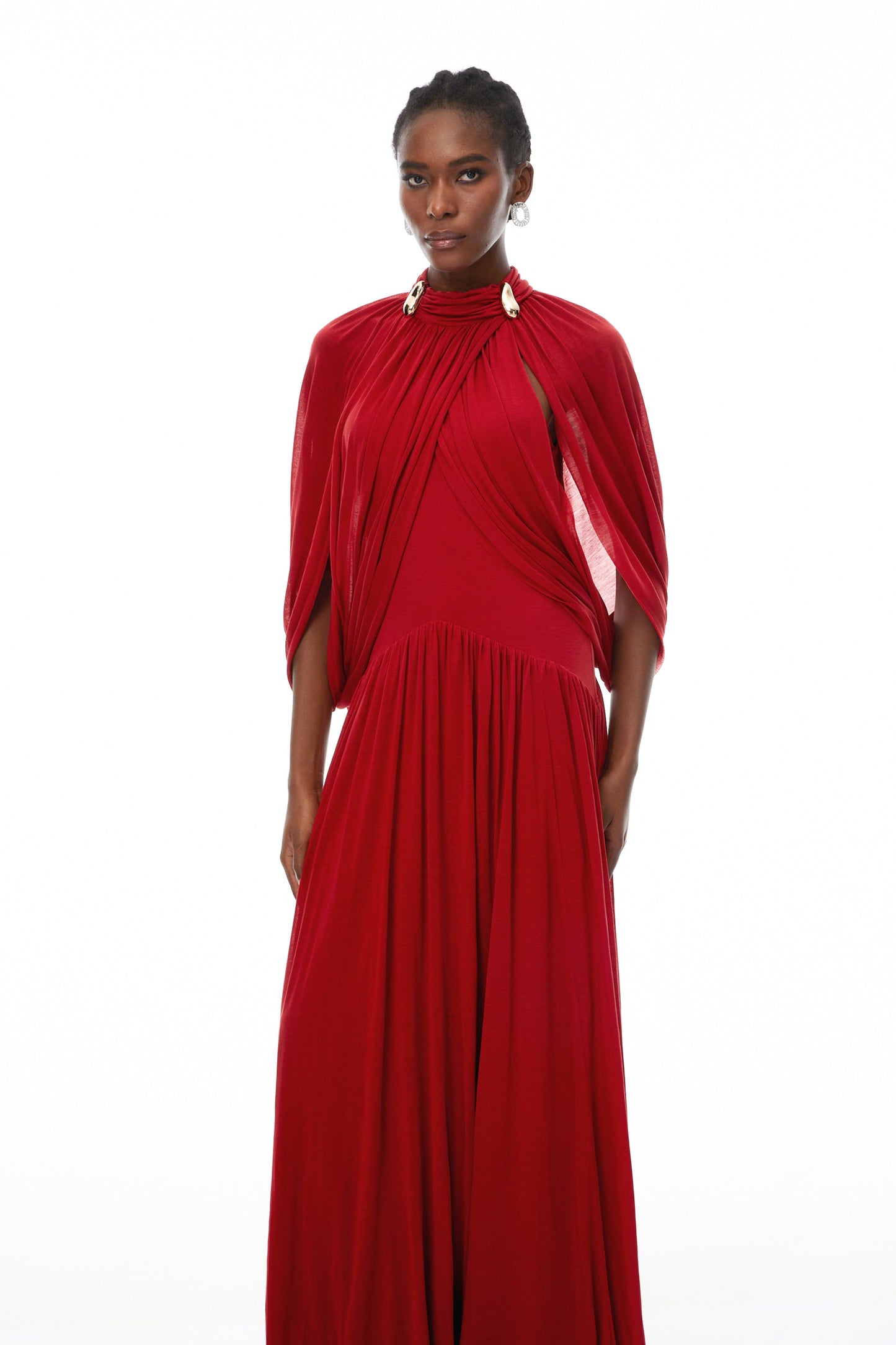 leona red Draped Cape Sleeve Knit Maxi Dress
