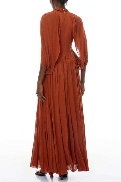 leona brown Draped Cape Sleeve Knit Maxi Dress