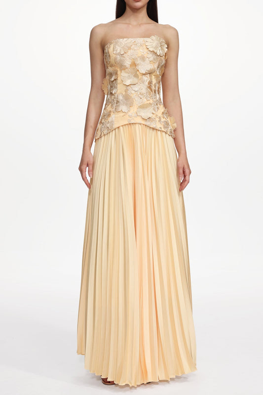 Shardae Romantic Tailored Strapless Pleated Floral Maxi Dress