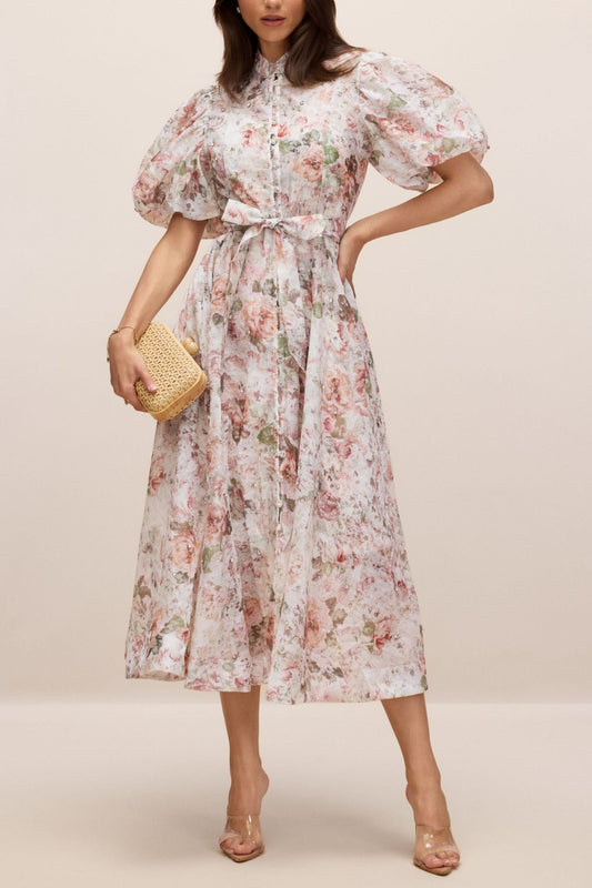 philipppa multicolor Floral Print Puff Sleeve Midi Dress