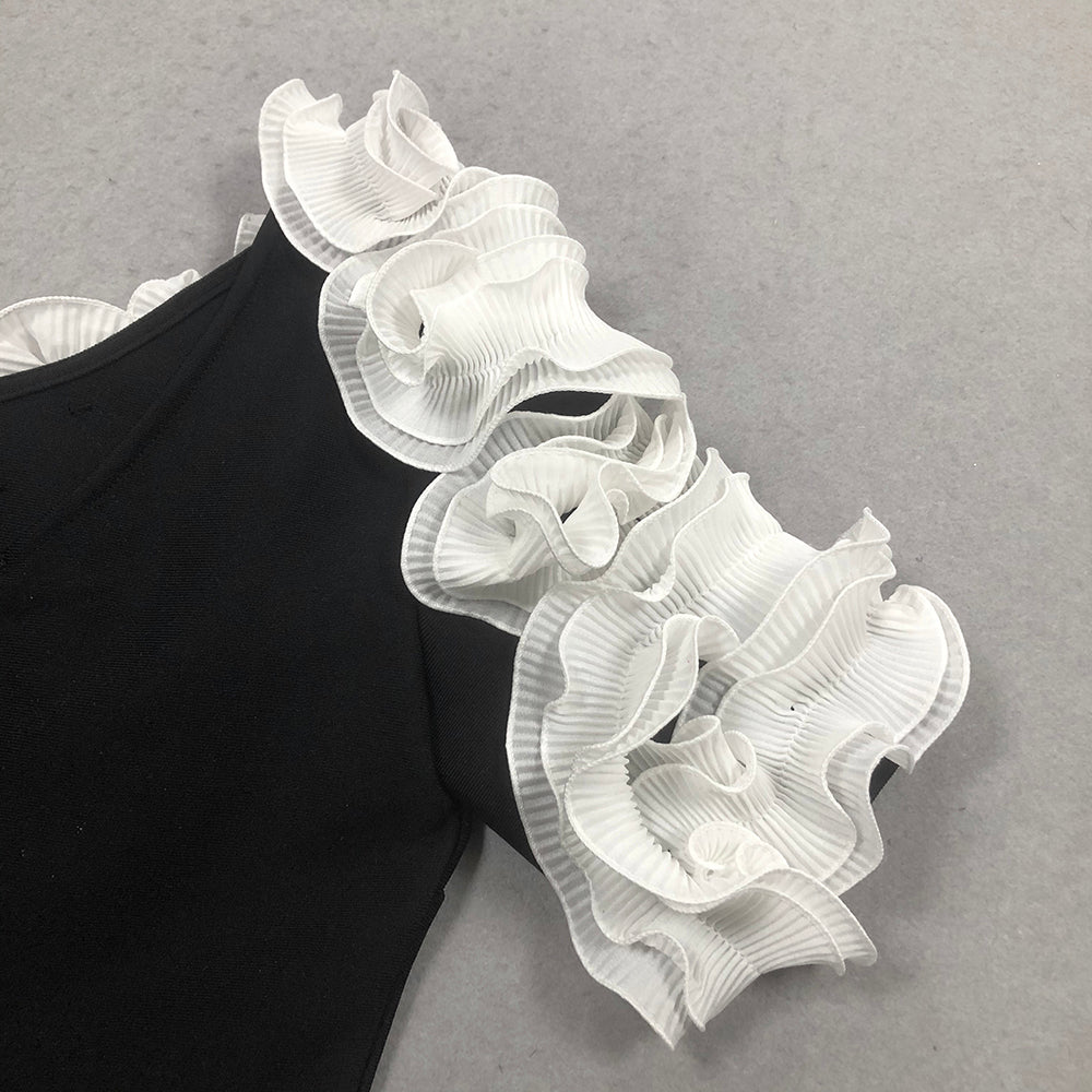 white flower embellished strapless black  midi dress