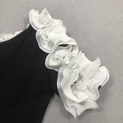white flower embellished strapless black  midi dress