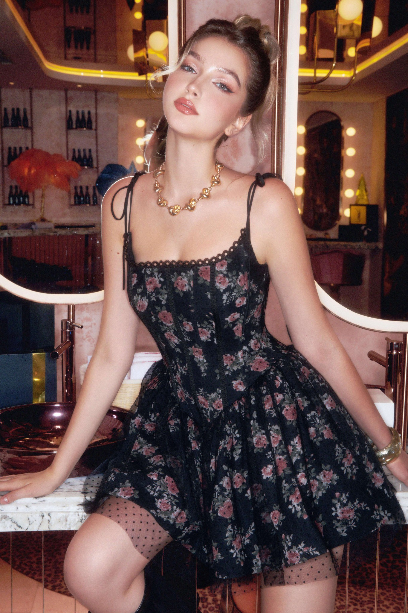 Jubin Mesh printed fishbone mini dress in black