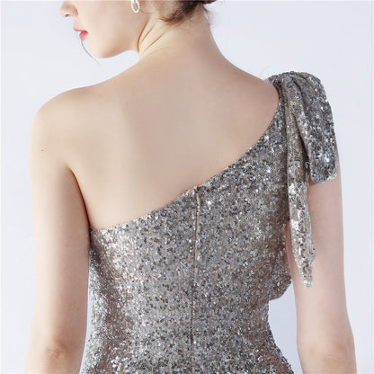 Fur Sequin One Shoulder Formal Dress