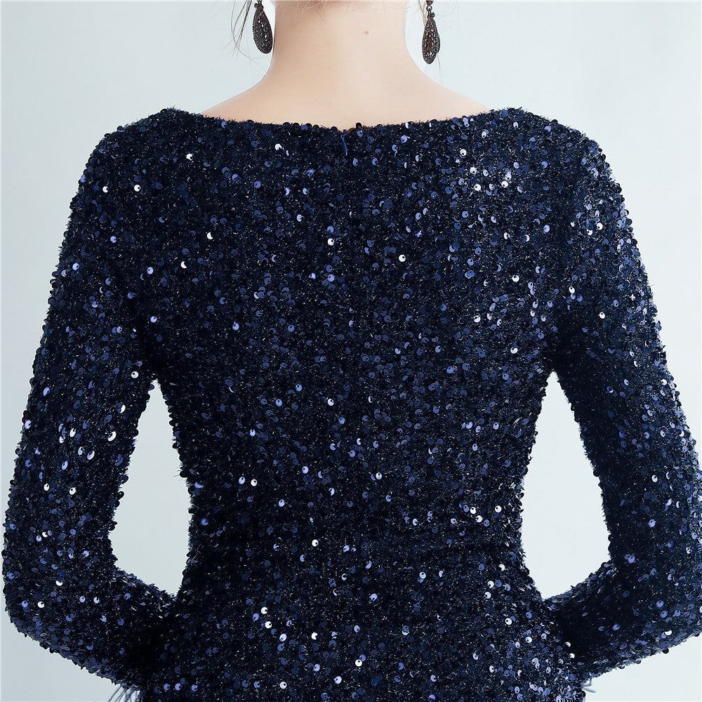 Split Long Sleeve Sequin Formal Dress