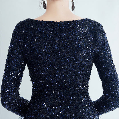 Split Long Sleeve Sequin Formal Dress