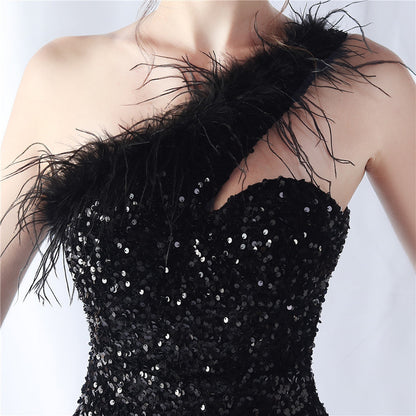 Ostrich Velvet Bottom One Shoulder Formal Dress