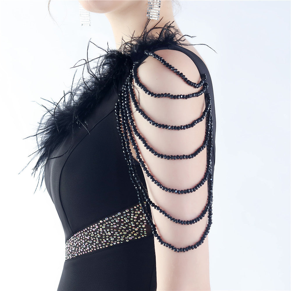 Fur Slant Neck One Shoulder Formal Dress