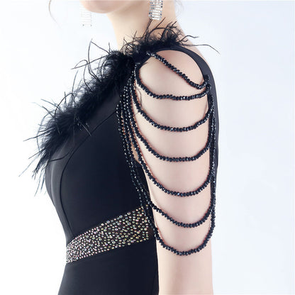 Fur Slant Neck One Shoulder Formal Dress