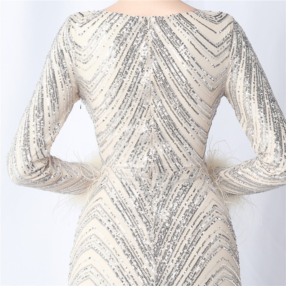 Ostrich Fur Long Sleeve Formal Dress
