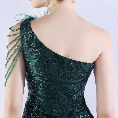 Beaded and Ostrich Fur Sequined Formal Dress