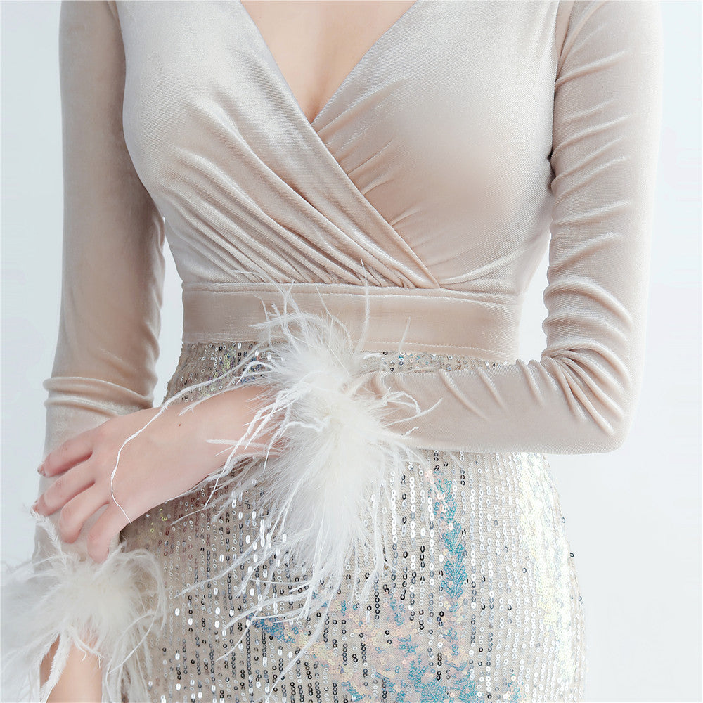 Ostrich Beaded Velvet Side Split Formal Dress