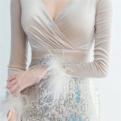 Ostrich Beaded Velvet Side Split Formal Dress