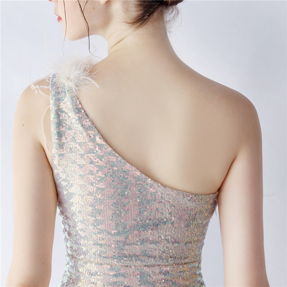 Ostrich Fur One-Shoulder Slant Neck Beaded Maxi Formal Dress