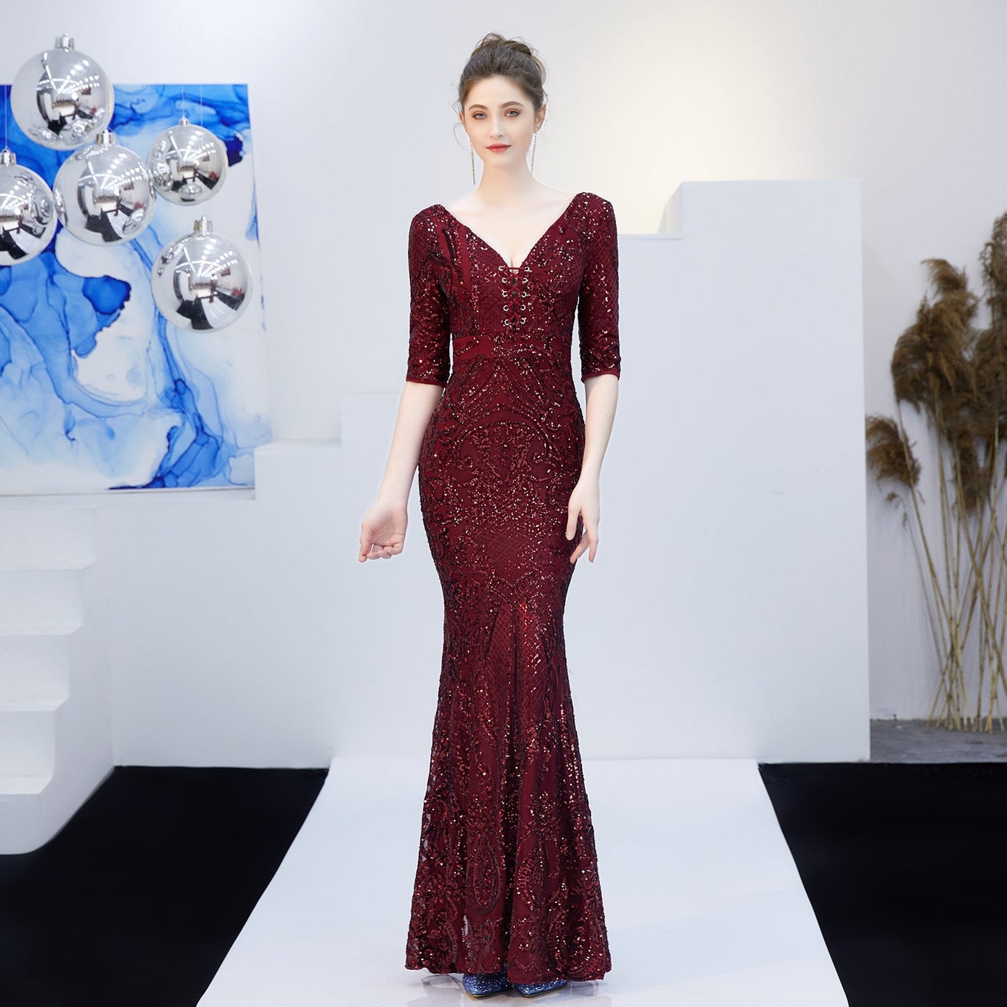 Neck Sequin Formal Dress