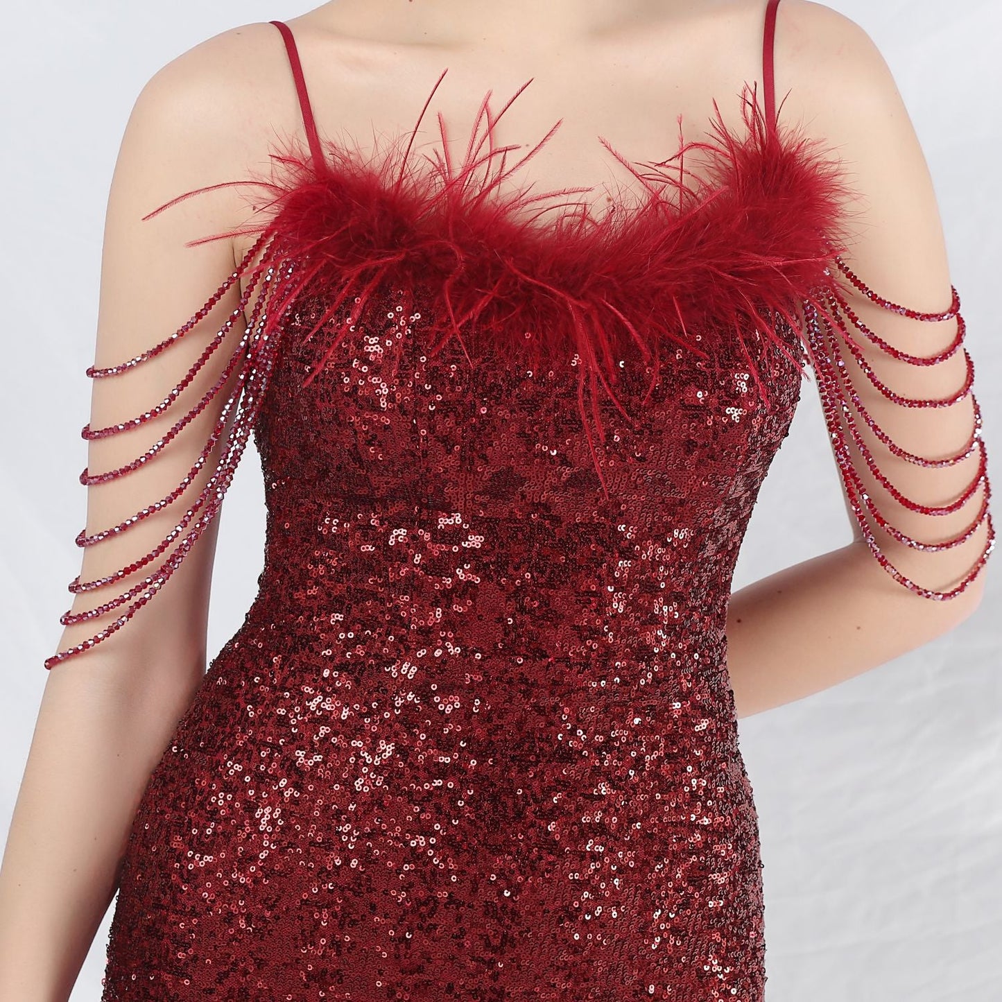 Ostrich Fur Illusion Beaded Formal Dress