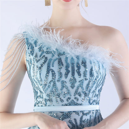 Fur Slant Neck One Shoulder Formal Dress