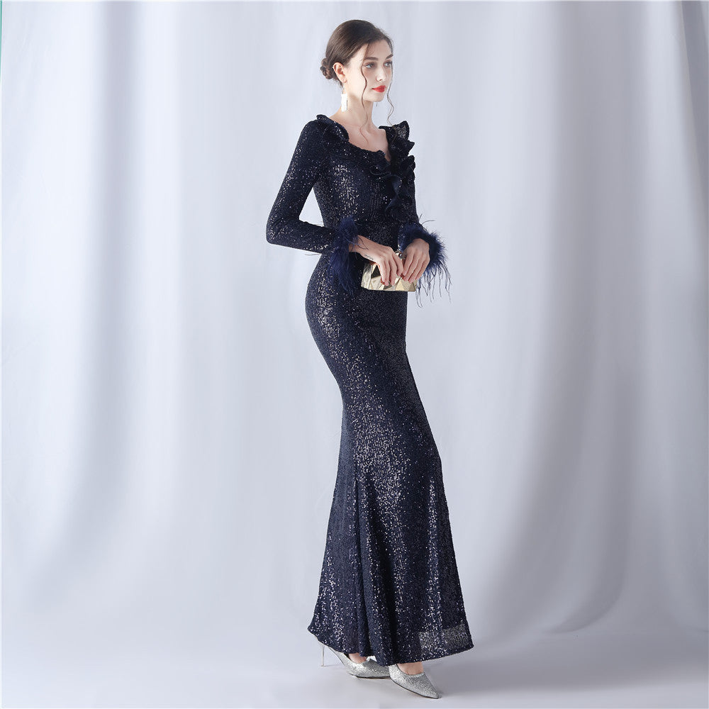 Ostrich Wave Beaded Formal Dress