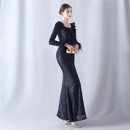 Ostrich Wave Beaded Formal Dress