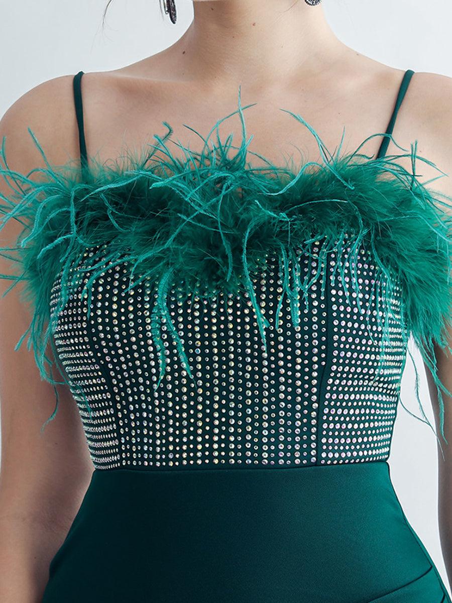 Feather Spaghetti Rhinestone Formal Dress
