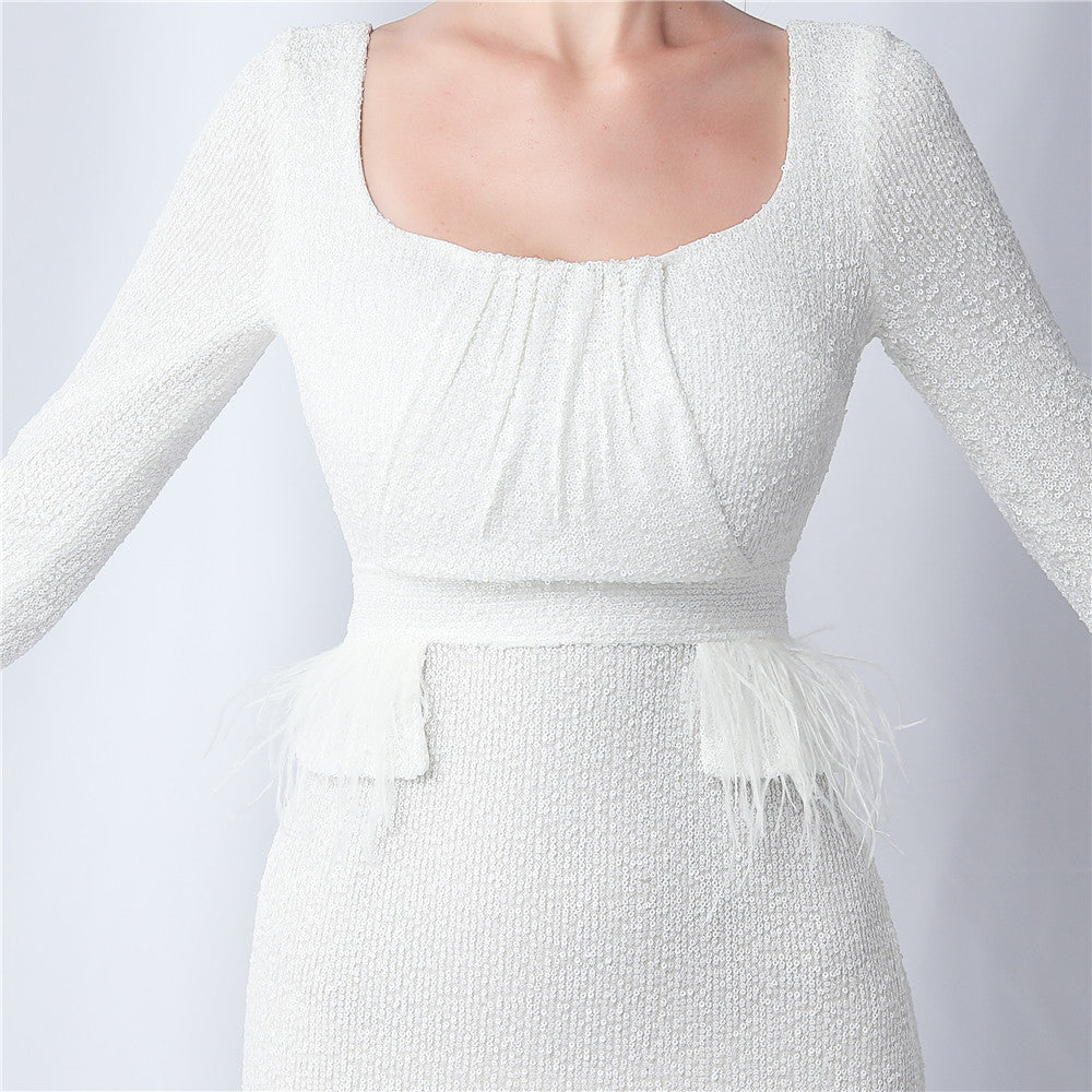 Ostrich Fur Long Sleeve Formal Dress