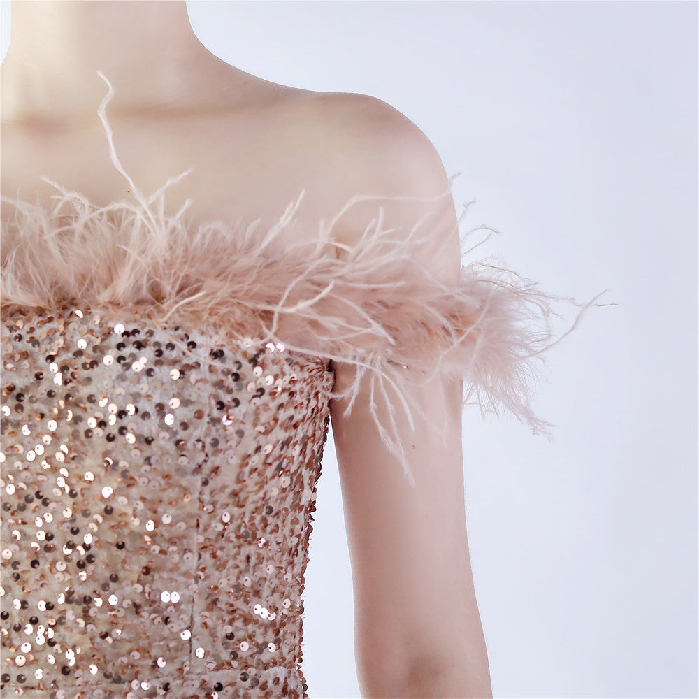 Fur One Shoulder Formal Dress