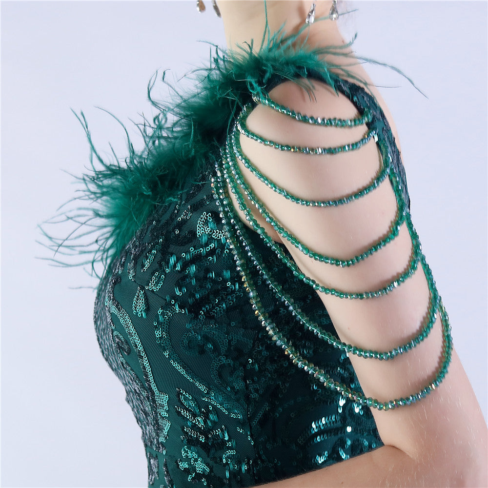 Beaded and Ostrich Fur Sequined Formal Dress
