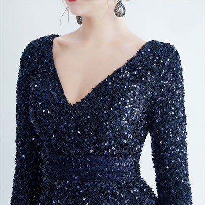Split Long Sleeve Sequin Formal Dress