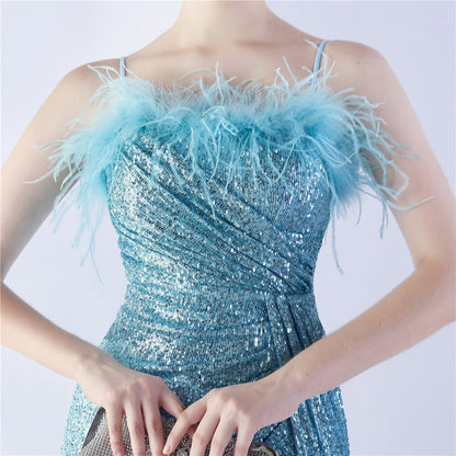 Ostrich Beaded Side Split Formal Dress