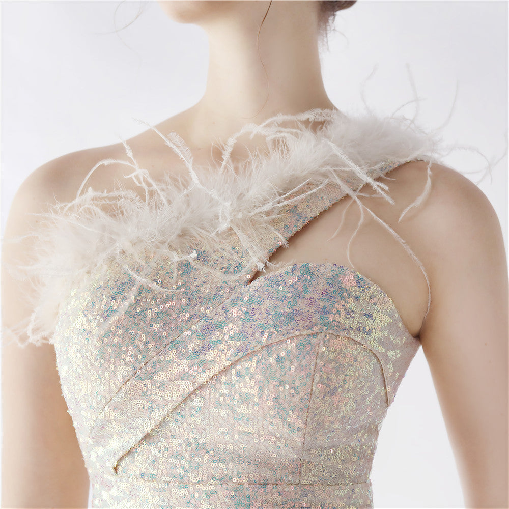 Ostrich Fur One-Shoulder Slant Neck Beaded Maxi Formal Dress