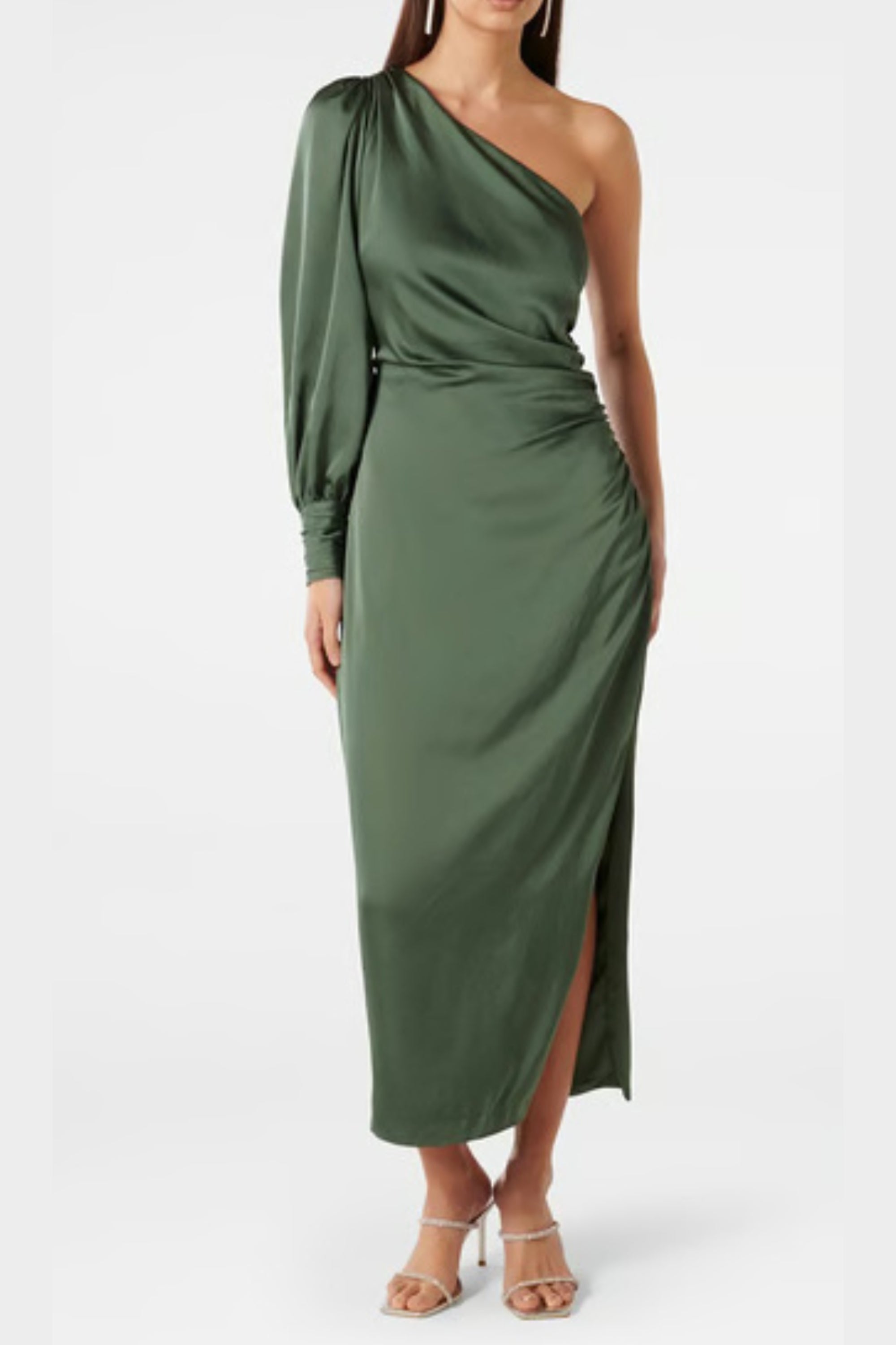 one-shoulder Long Sleeve Midi Dress in green