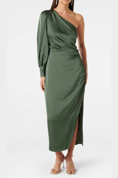 one-shoulder Long Sleeve Midi Dress in green
