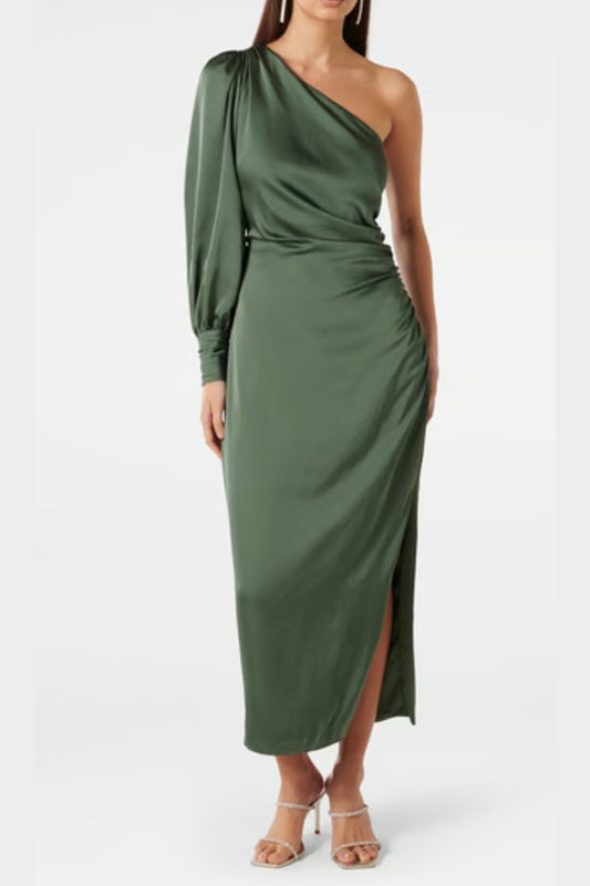one-shoulder Long Sleeve Midi Dress in green