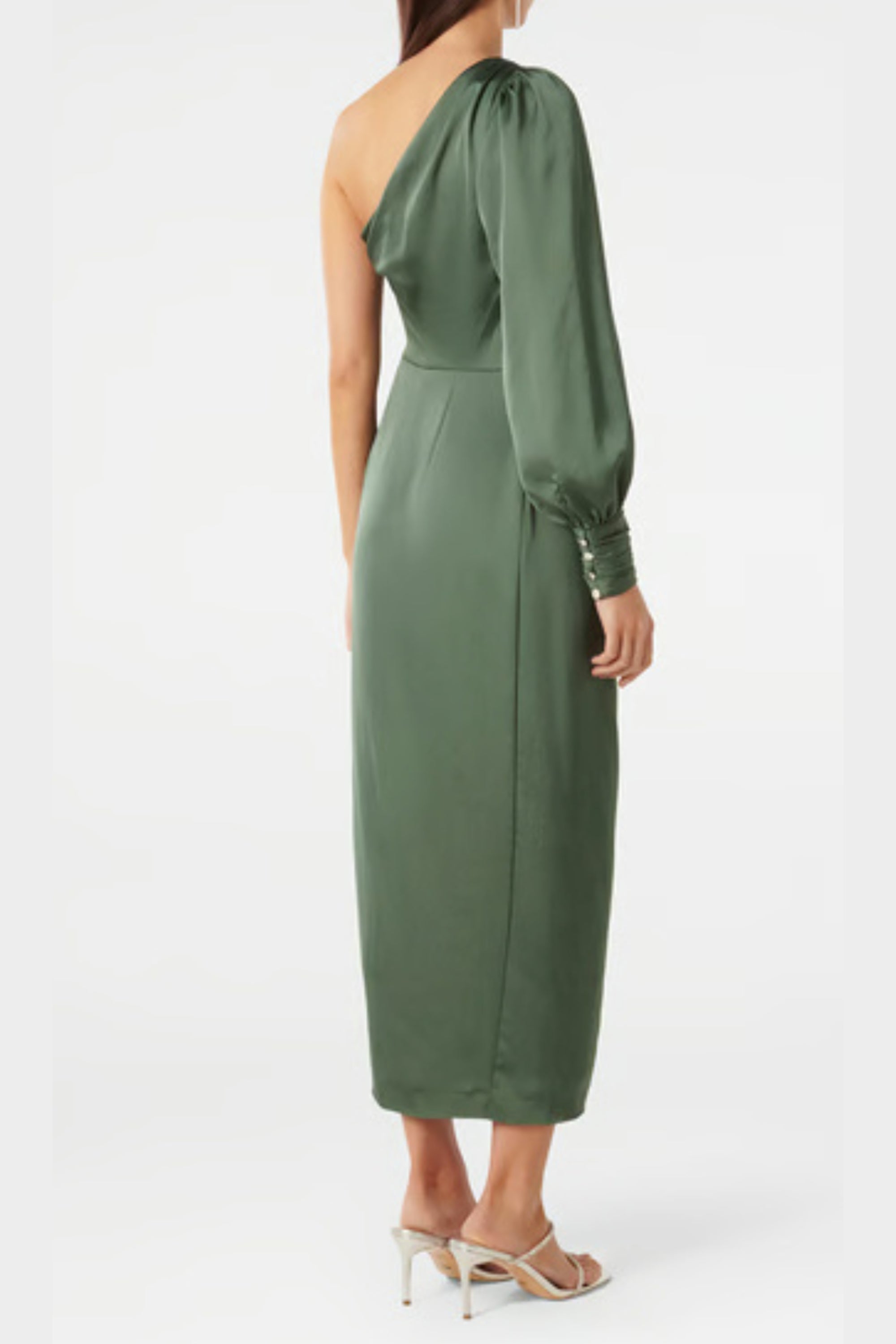 one-shoulder Long Sleeve Midi Dress in green