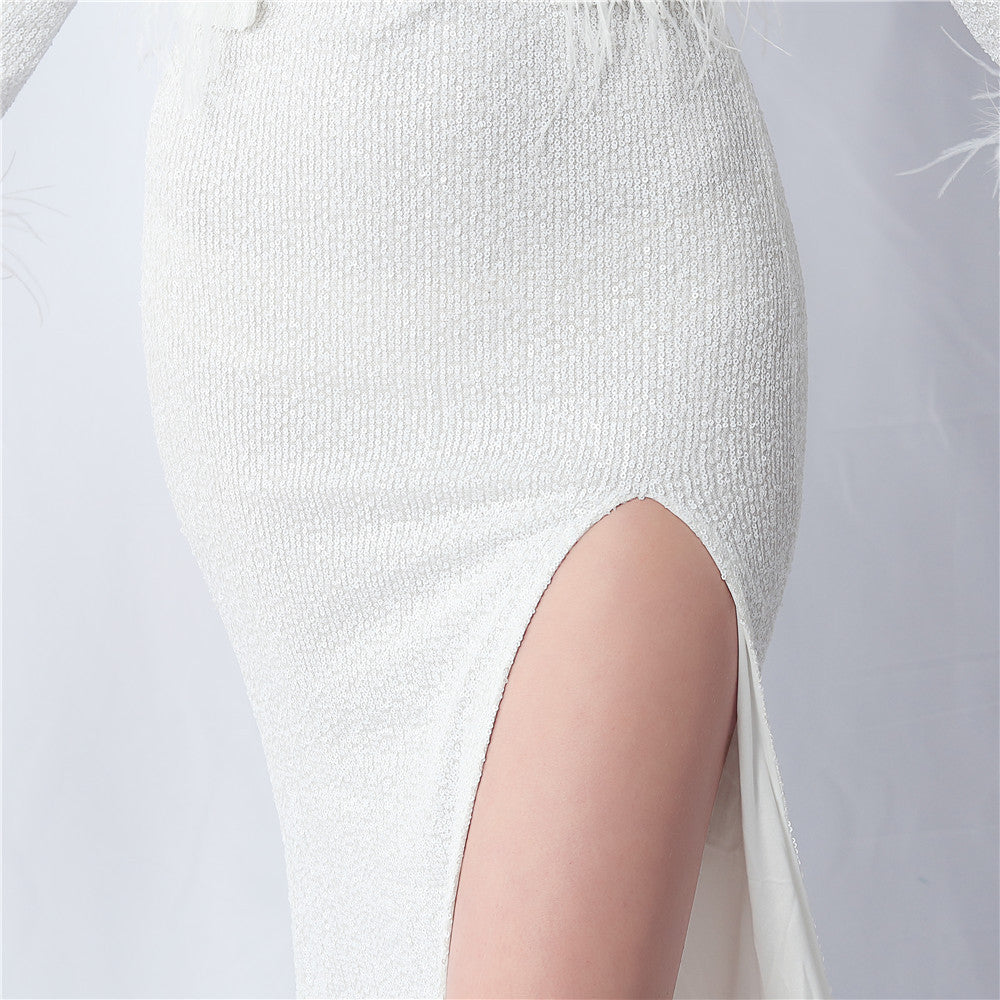 Ostrich Fur Long Sleeve Formal Dress