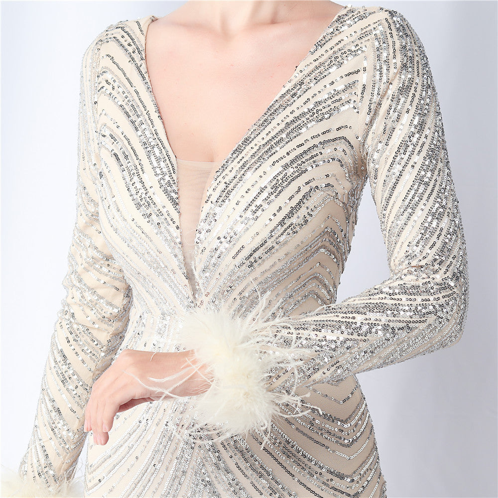 Ostrich Fur Long Sleeve Formal Dress