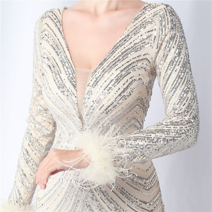 Ostrich Fur Long Sleeve Formal Dress