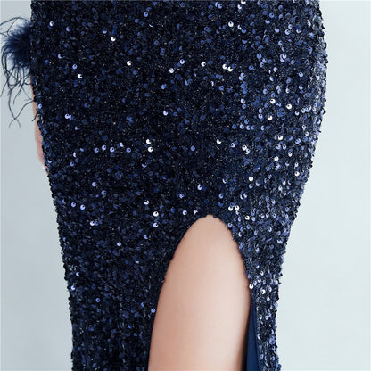 Split Long Sleeve Sequin Formal Dress